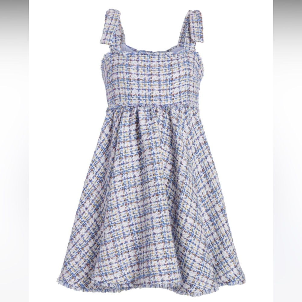 LIKELY “Drea” tweed babydoll dress. Blue multi. Size 8. NWT